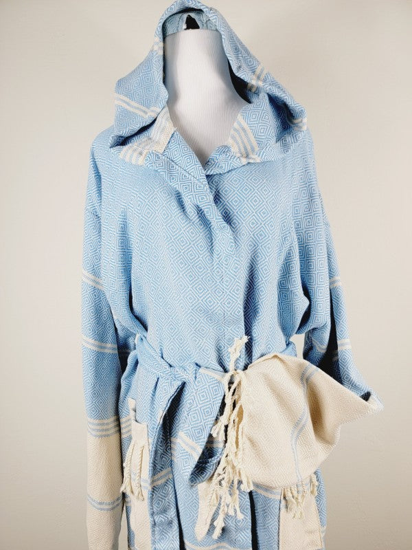 Light blue unisex hooded robe with geometric pattern, cream trim, tie belt and pockets