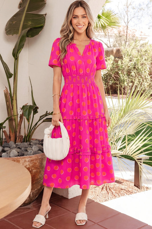 Rose high-waist tiered midi dress with yellow dot print, short puff sleeves