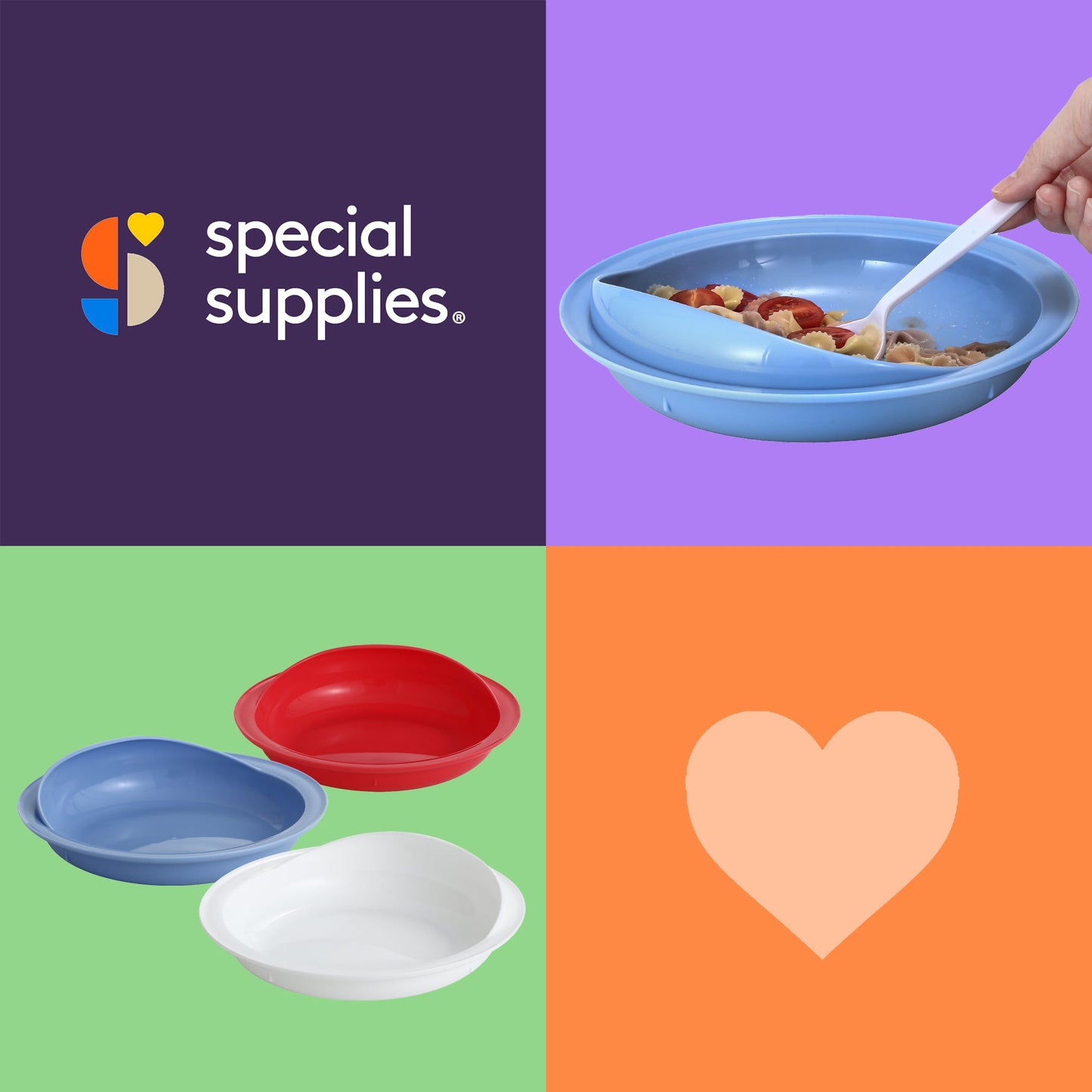 Assorted scoop plates in blue, red, and white with raised walls and high rim.