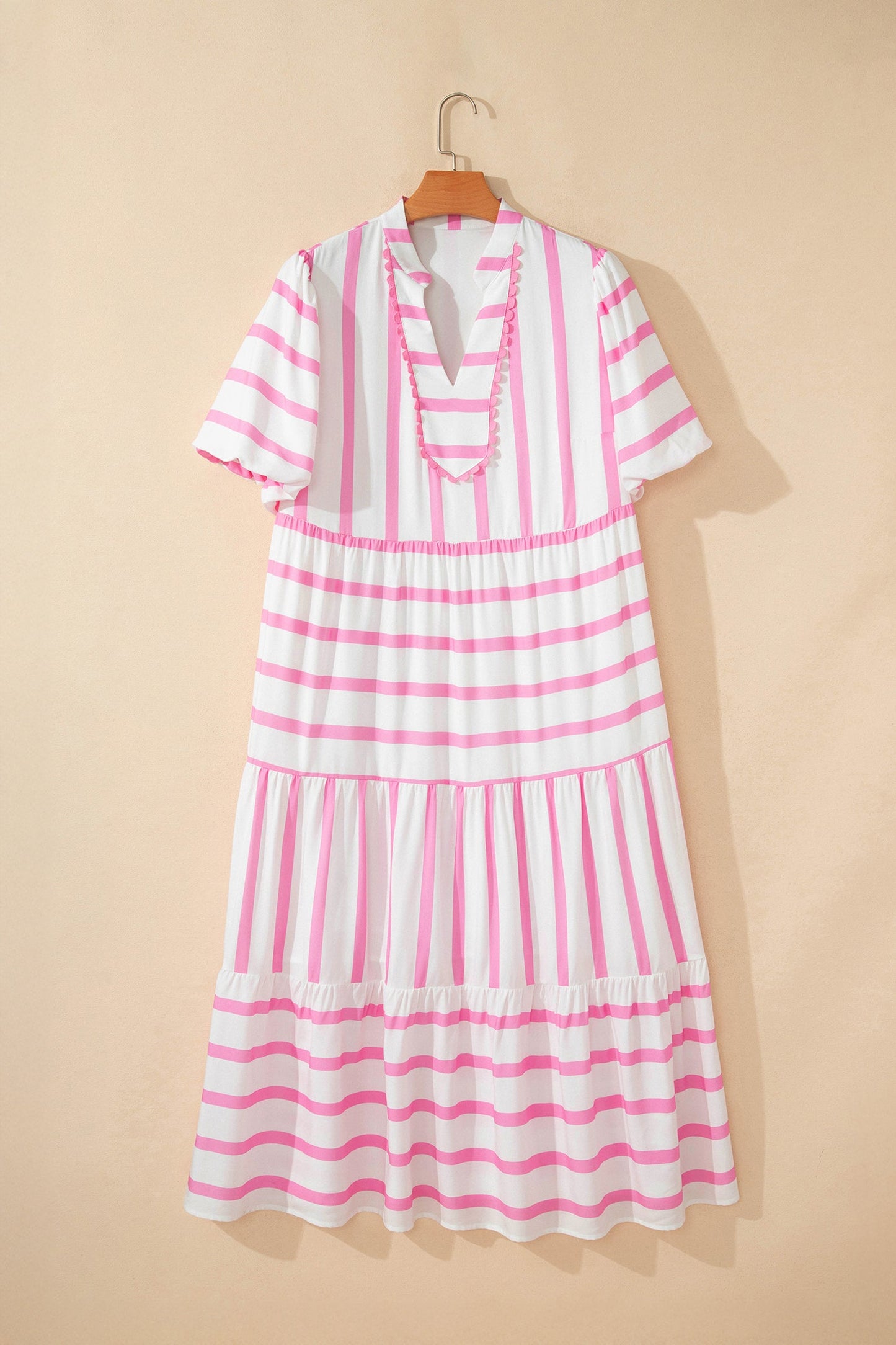 Pink-and-white striped tiered maxi dress with short ruffled sleeves and button detail