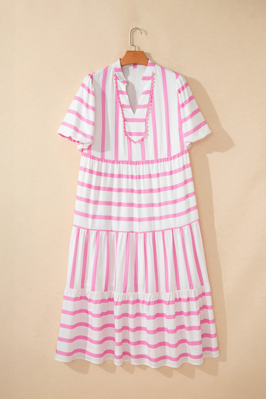 Pink-and-white striped tiered maxi dress with short ruffled sleeves and button detail