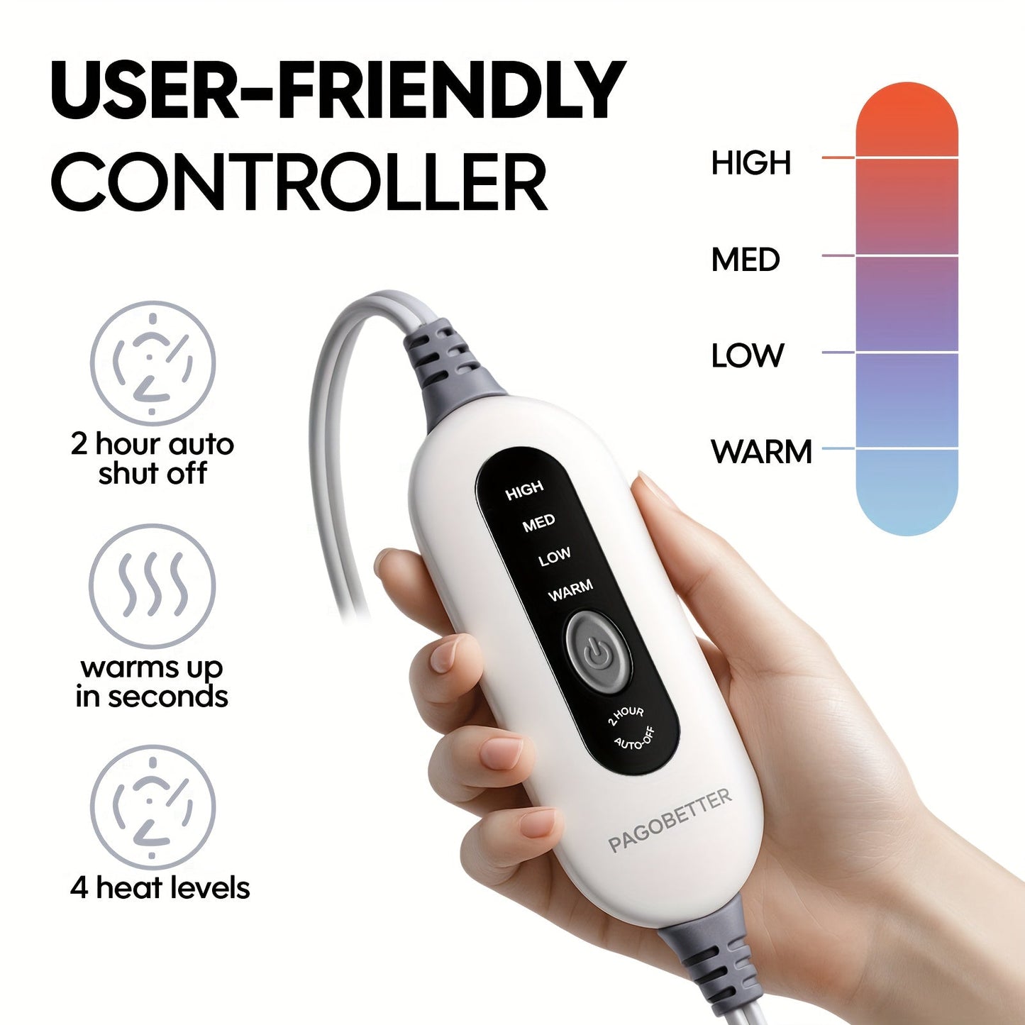 Heated pad controller with high, med, low, warm settings; 2-hour auto shut-off