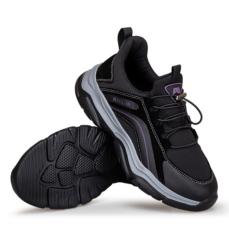Women's outdoor mesh casual shoe in black with purple side stripe, lace-up, rubber outsole