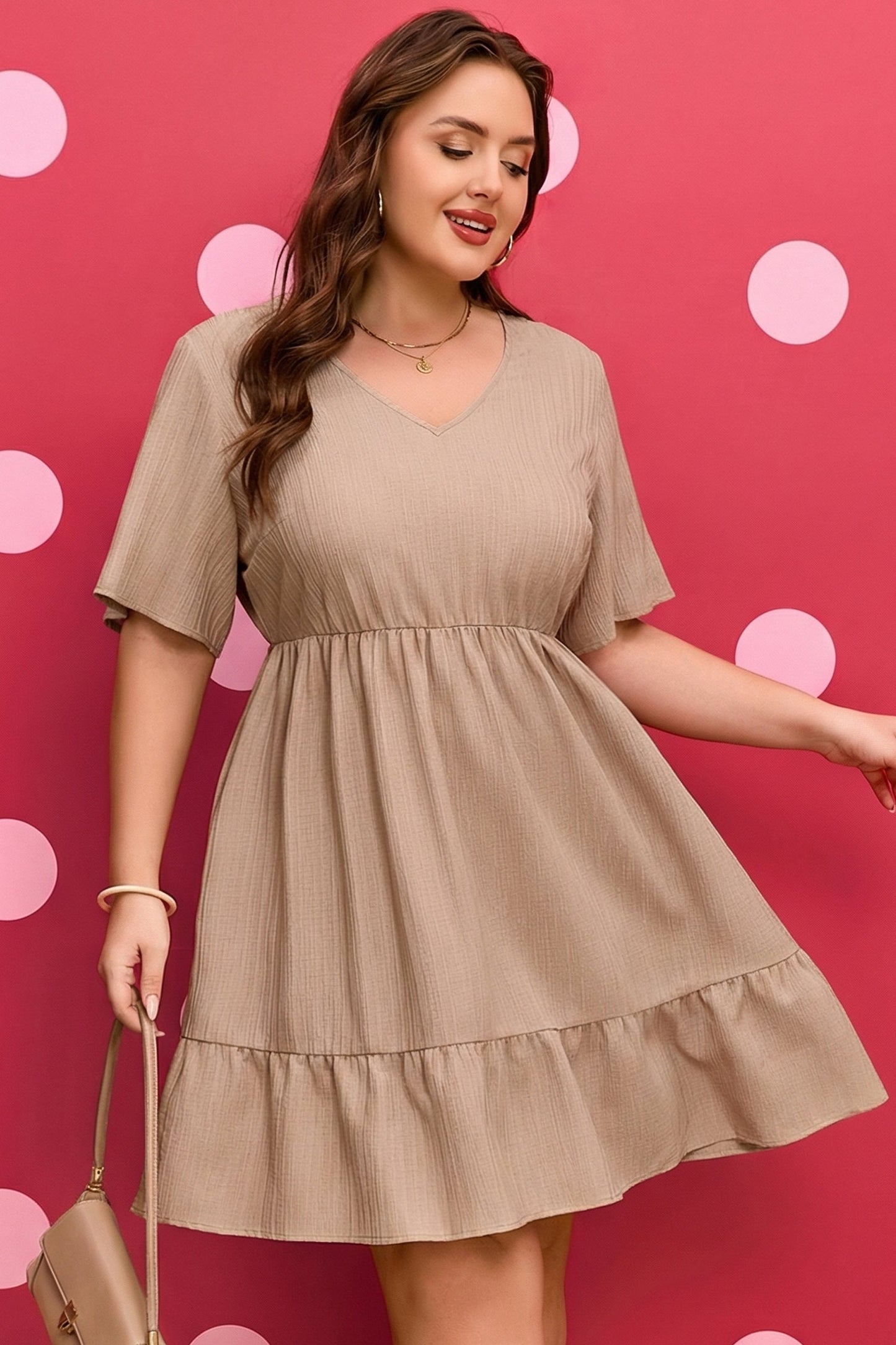 Dark khaki PLUS ruffled tiered short-sleeve dress, V-neck, gathered waist