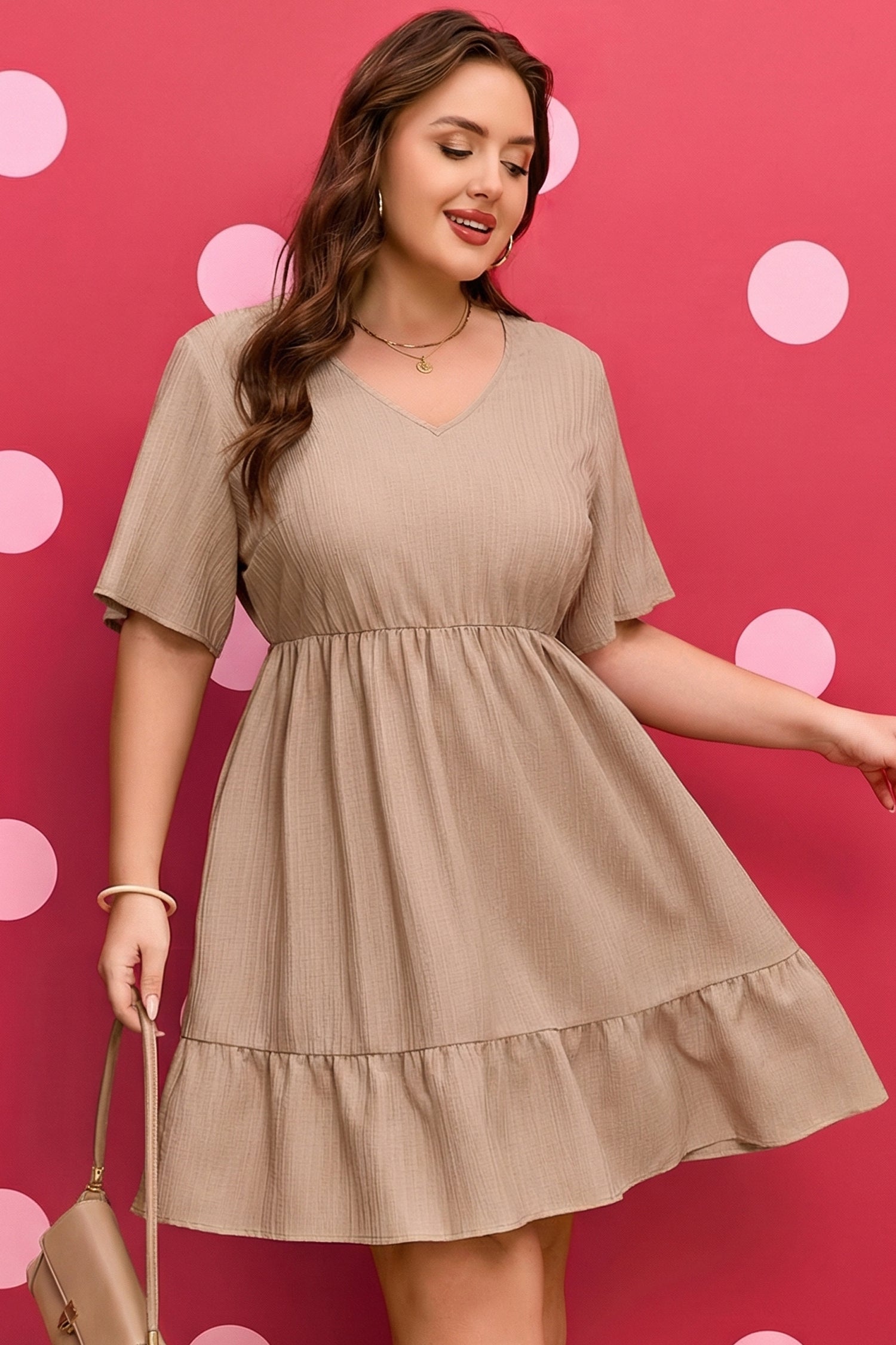 Dark khaki PLUS ruffled tiered short-sleeve dress, V-neck, gathered waist
