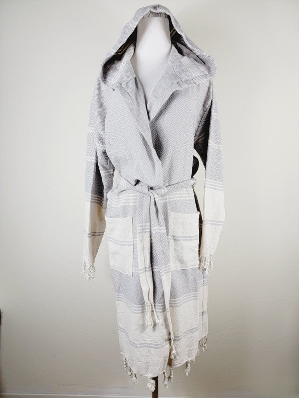 Gray unisex hooded robe with tie belt and side pockets; striped geometric texture