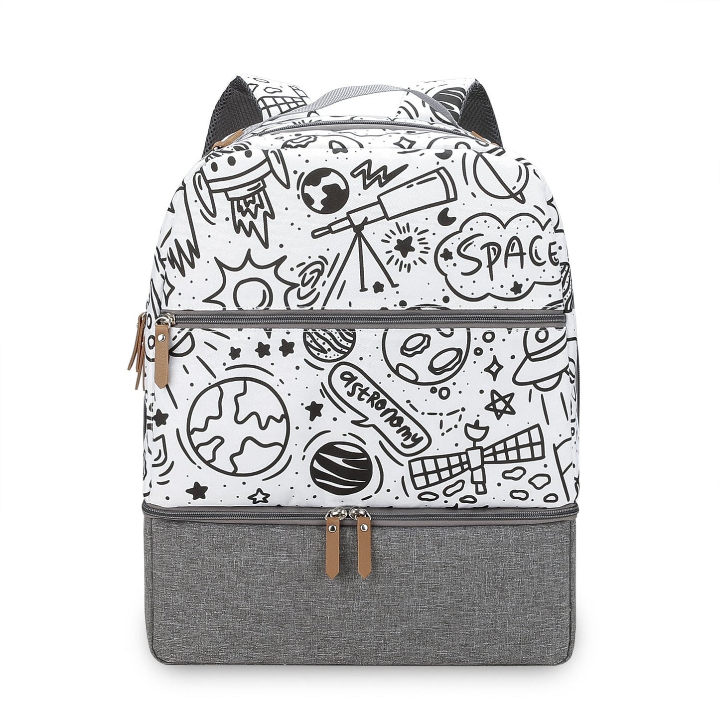 Insulated mummy bag backpack with space-print top and gray bottom panel