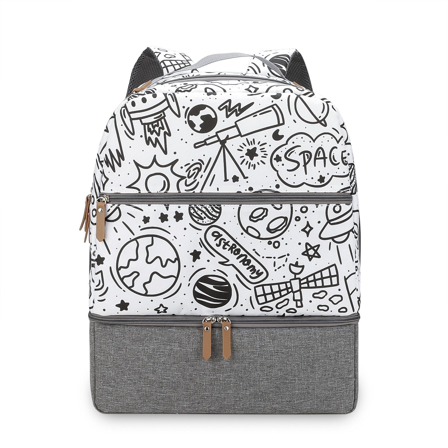 Insulated mummy bag backpack with space-print top and gray bottom panel