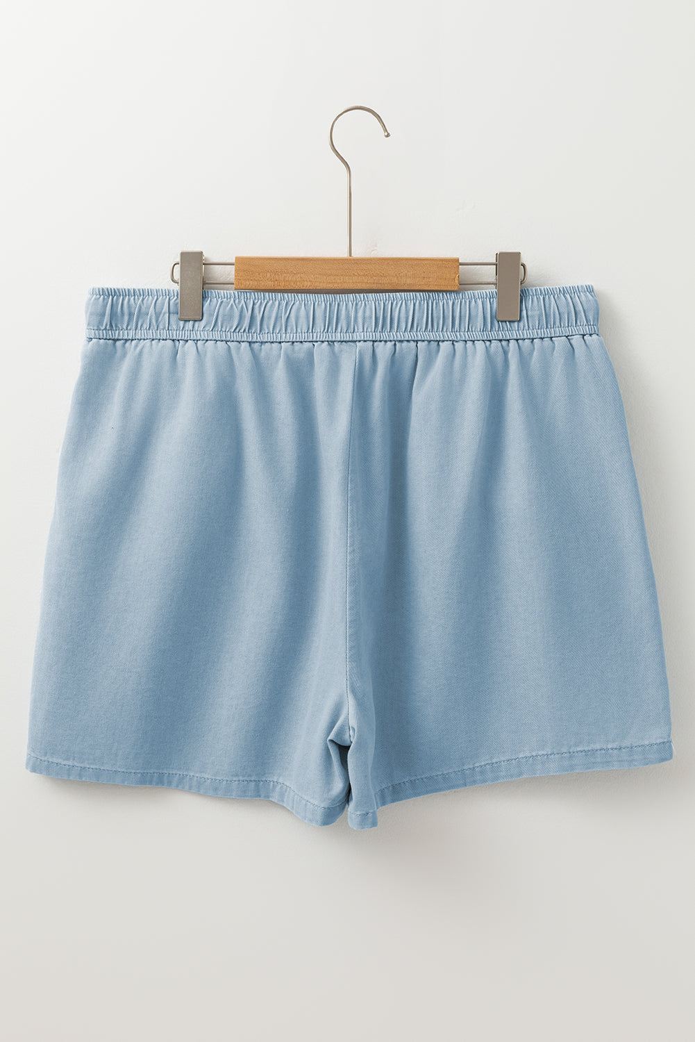Washed chambray shorts with elastic waistband and drawstring, blue, front view