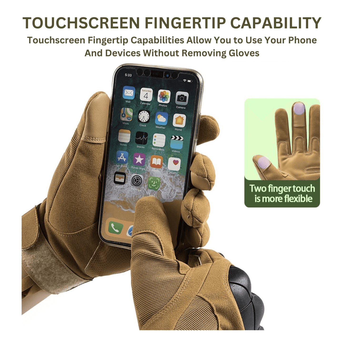 Tan touchscreen fingertip tactical gloves holding a smartphone