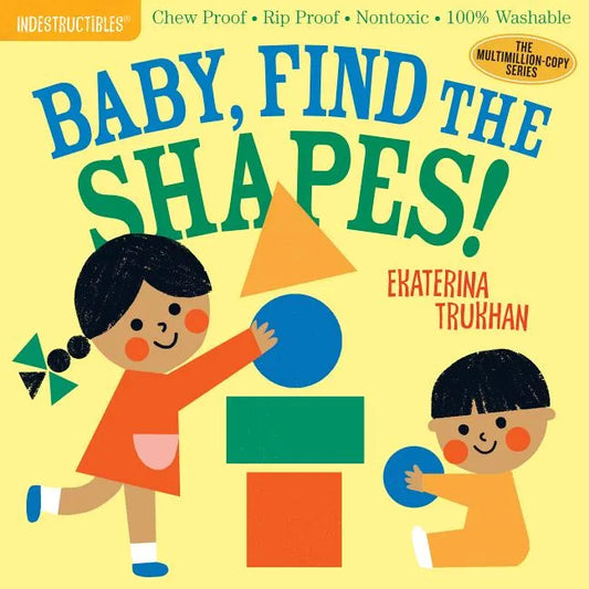 Indestructibles baby shapes search book cover with children and colored shape blocks