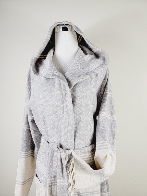 Gray robe with hood and tie belt, side pockets, geometric stripes, fringe edges