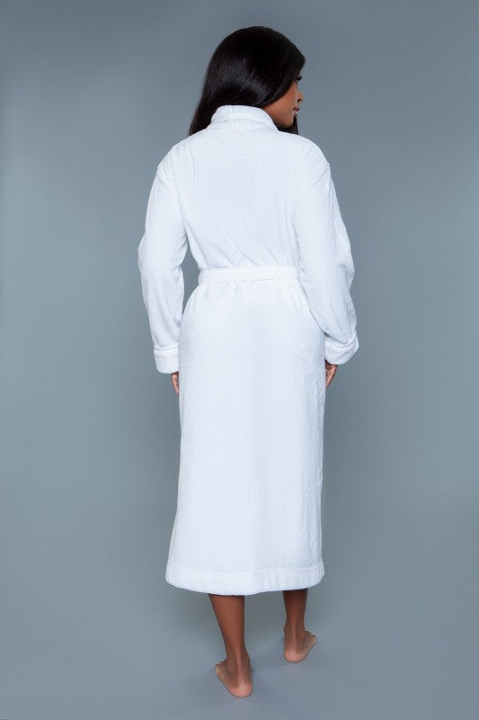 Helena plush robe, white long-sleeve, self-belt tie, back view