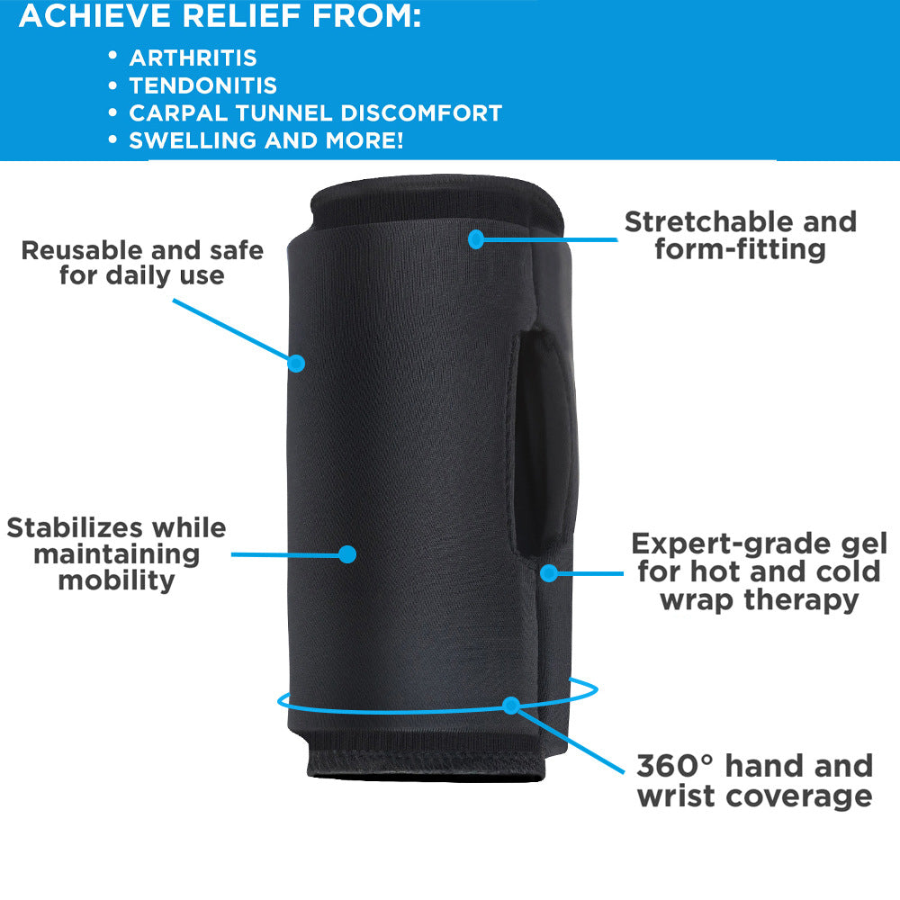Black wrist ice pack wrap heating pad with stabilizing padded cylinder and thumb opening
