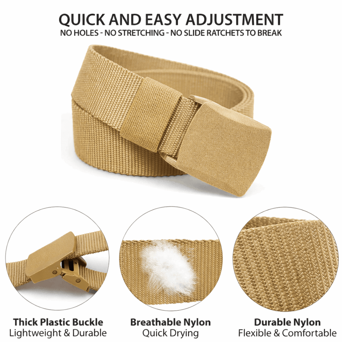 Adjustable nylon belt with plastic buckle, tan webbing and rectangular buckle end close-up.