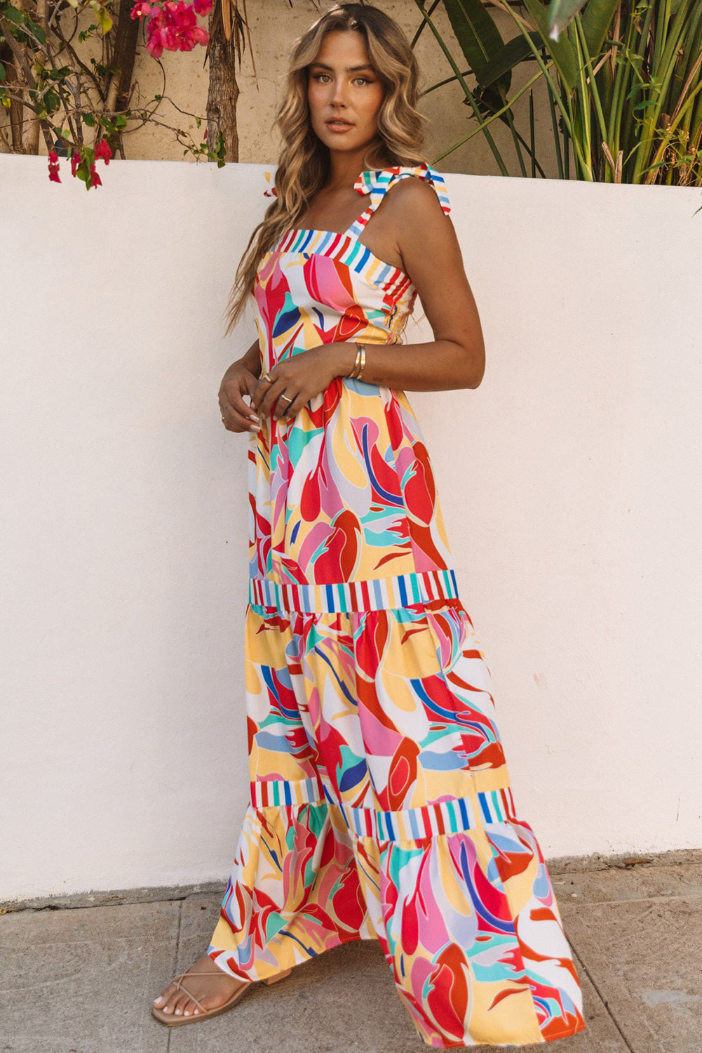 Multicolor striped-trim tiered maxi sundress with bow-tie straps and tiered skirt
