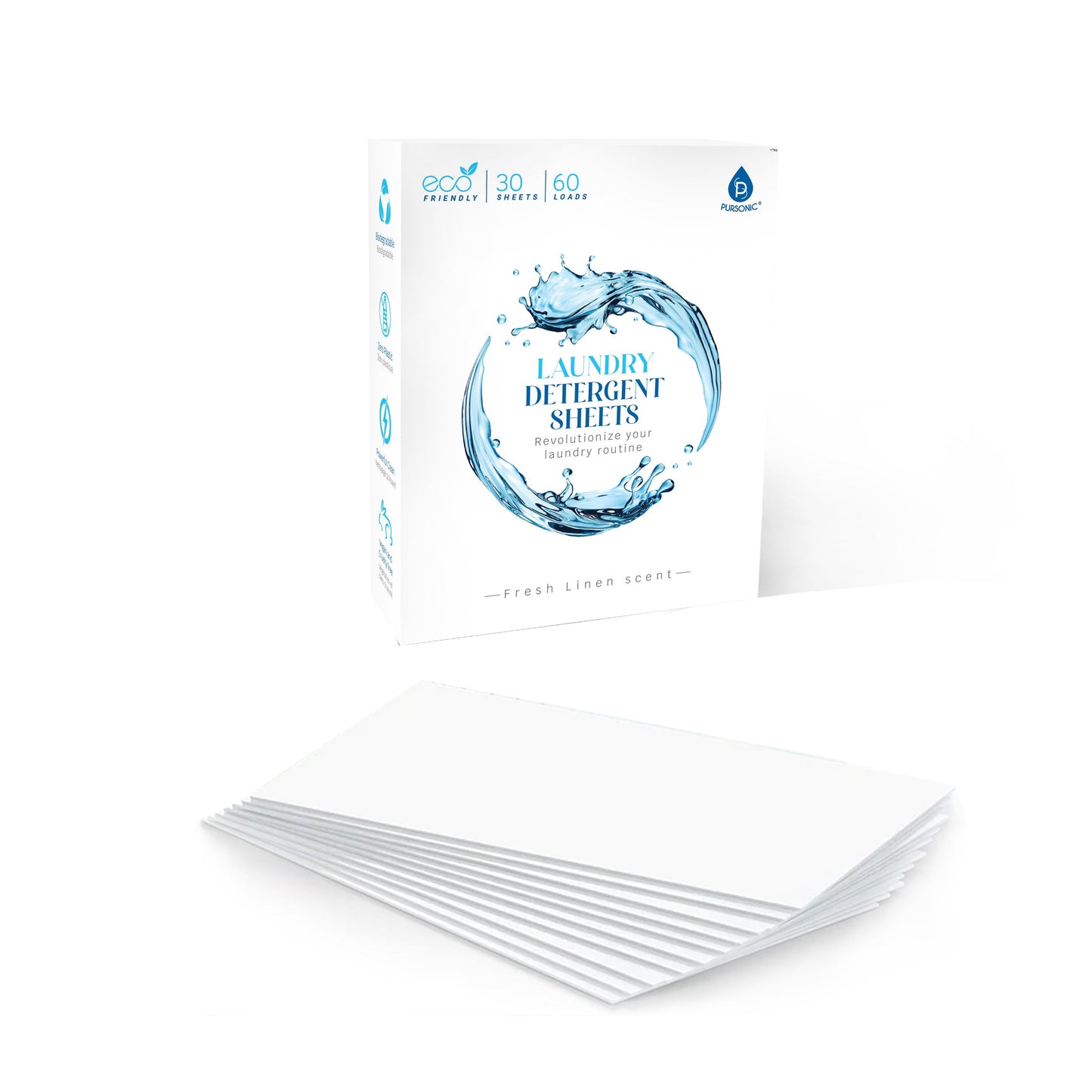 Laundry detergent sheet box with stacked white detergent sheets beside it