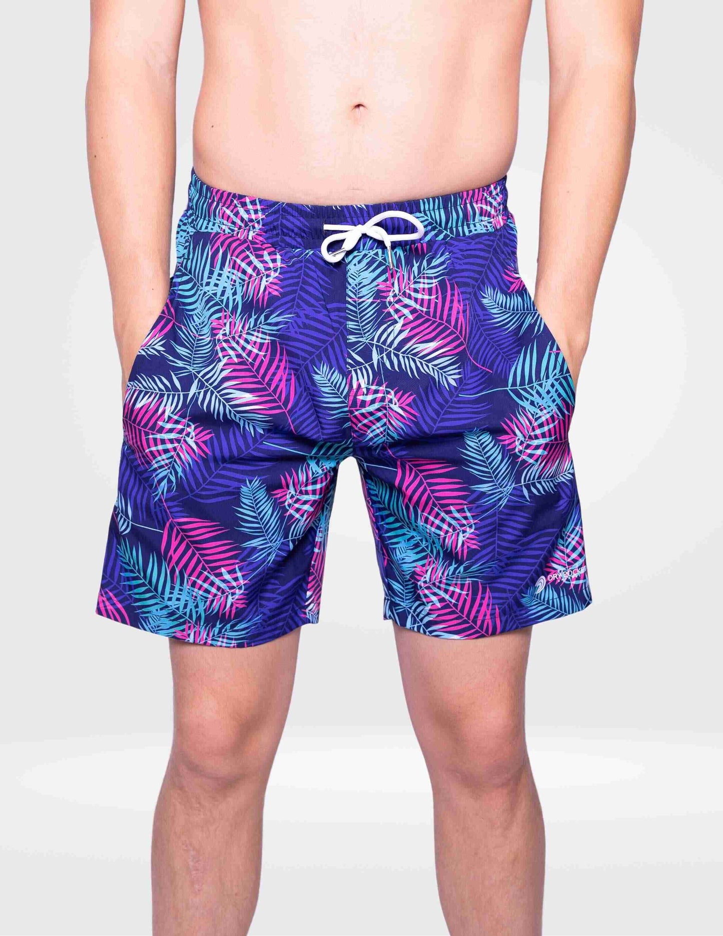 Men's swim shorts in blue leaf print with white drawstring and two side pockets