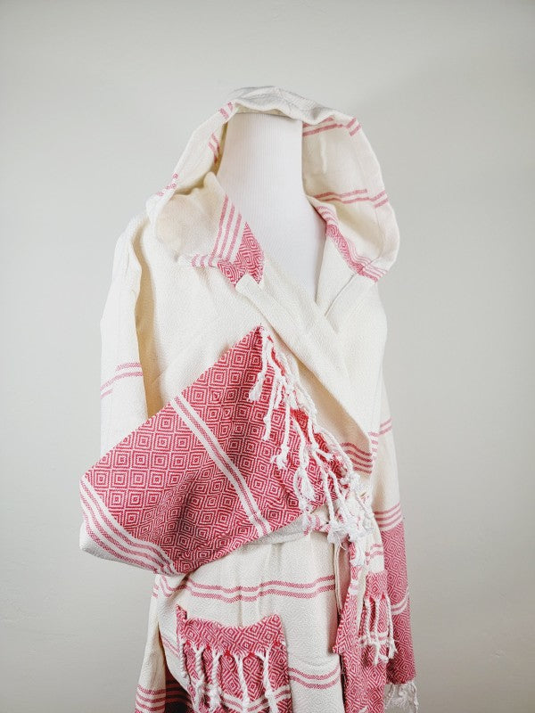 Unisex hooded robe, pocket detail, striped hood and large side pocket