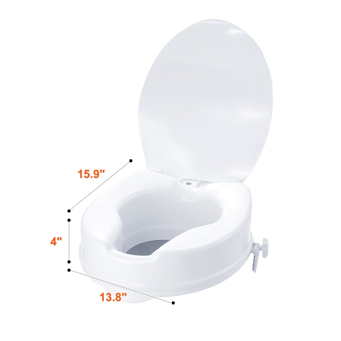Raised white toilet seat with contoured basin and height-focused side profile