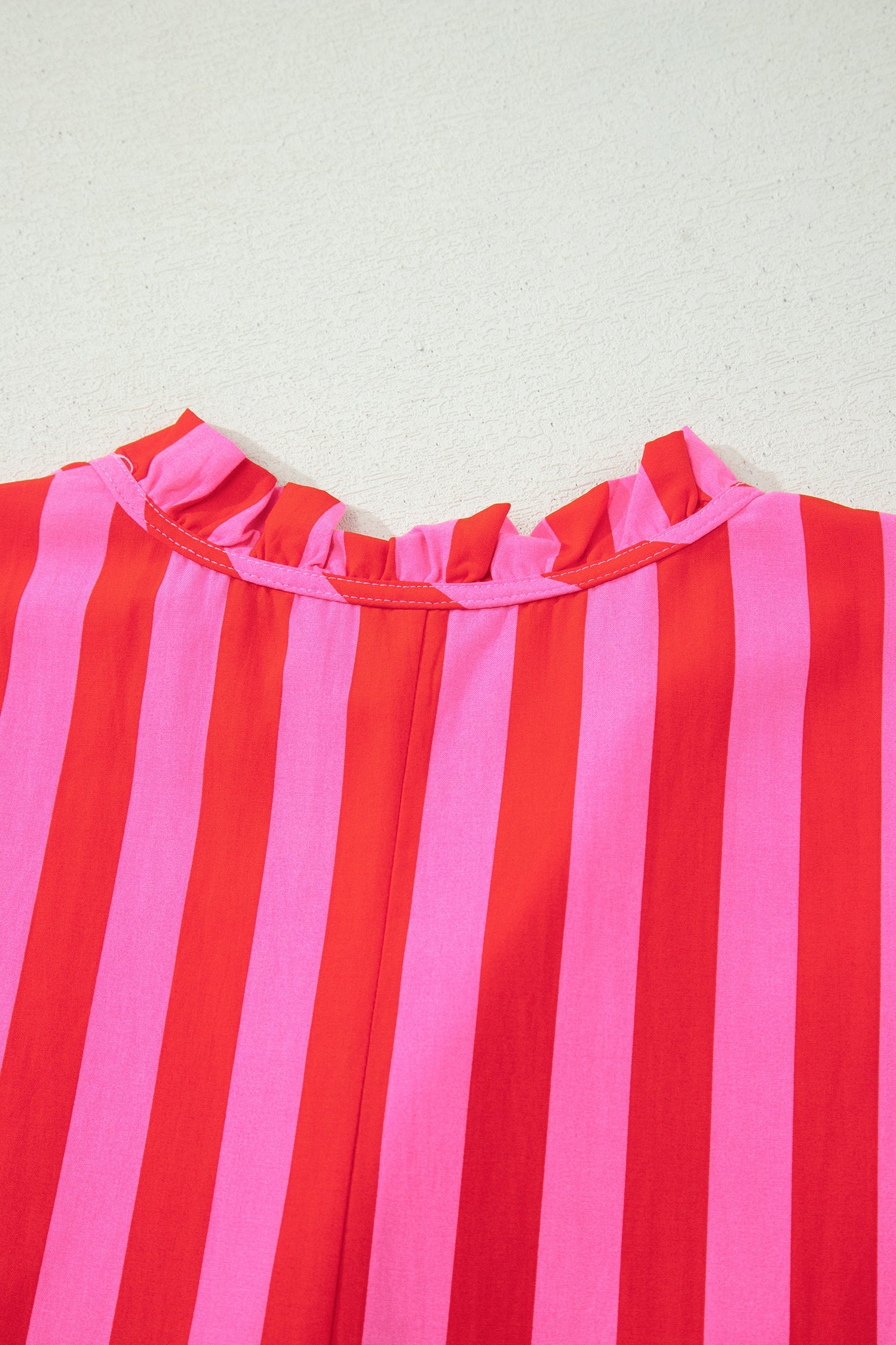 Pink and red striped curvy mini dress with ruffled off-shoulder neckline