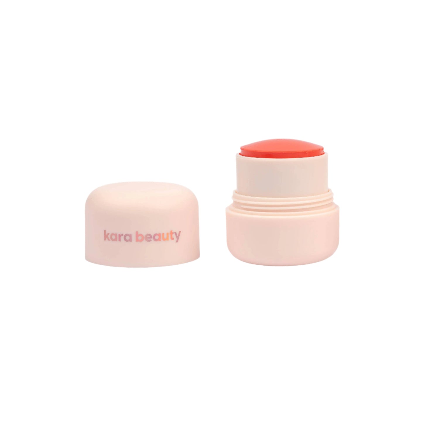 Blush cheek balm in pale pink jar with red cap; open and closed balm containers