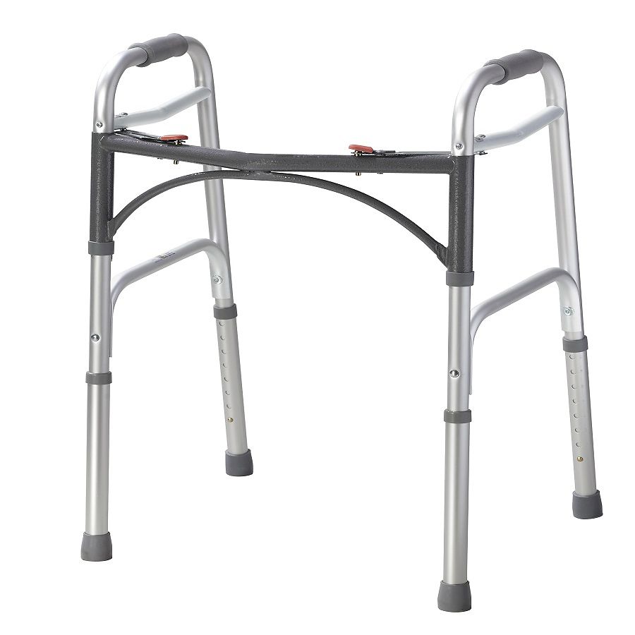 Deluxe folding walker with two-button adjustment, gray frame and padded hand grips