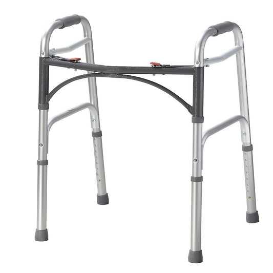 Deluxe folding walker with two-button adjustment, gray frame and padded hand grips