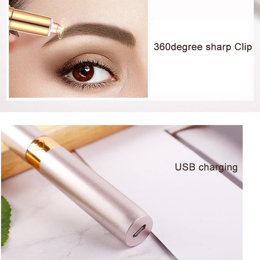 Electric eyebrow trimmer with gold top and slim light-pink handle, blade head visible