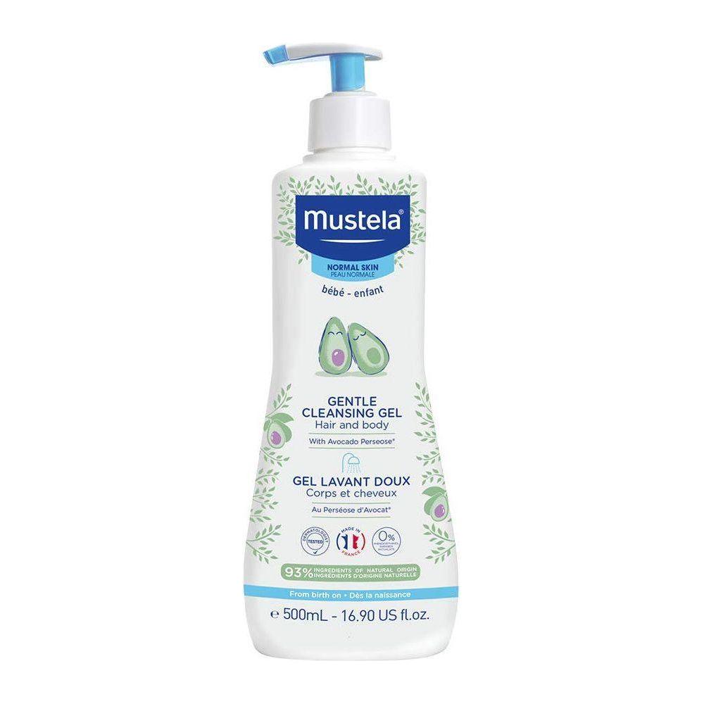 Mustela gentle cleansing gel for baby, white bottle with blue pump
