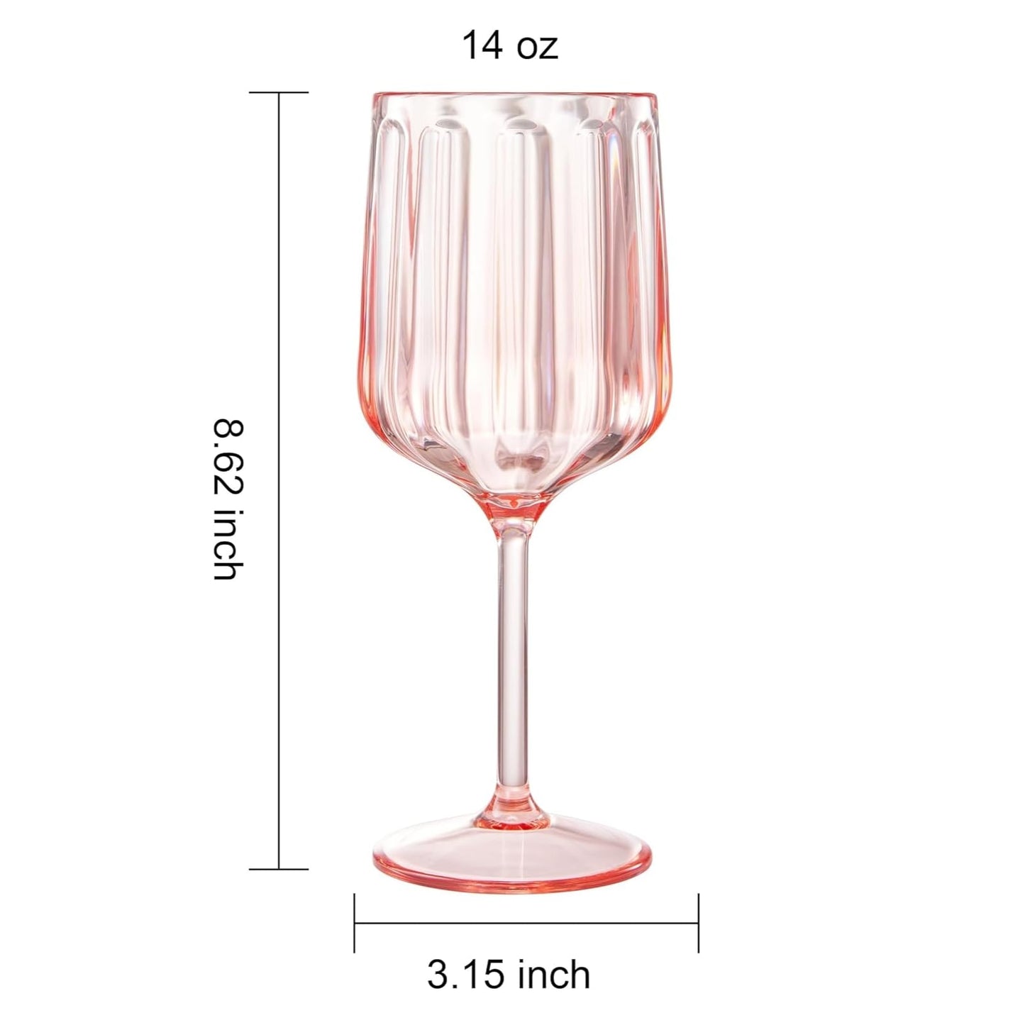 Pink acrylic stemmed goblet, ribbed cup, 14 oz capacity and 8.62 in height