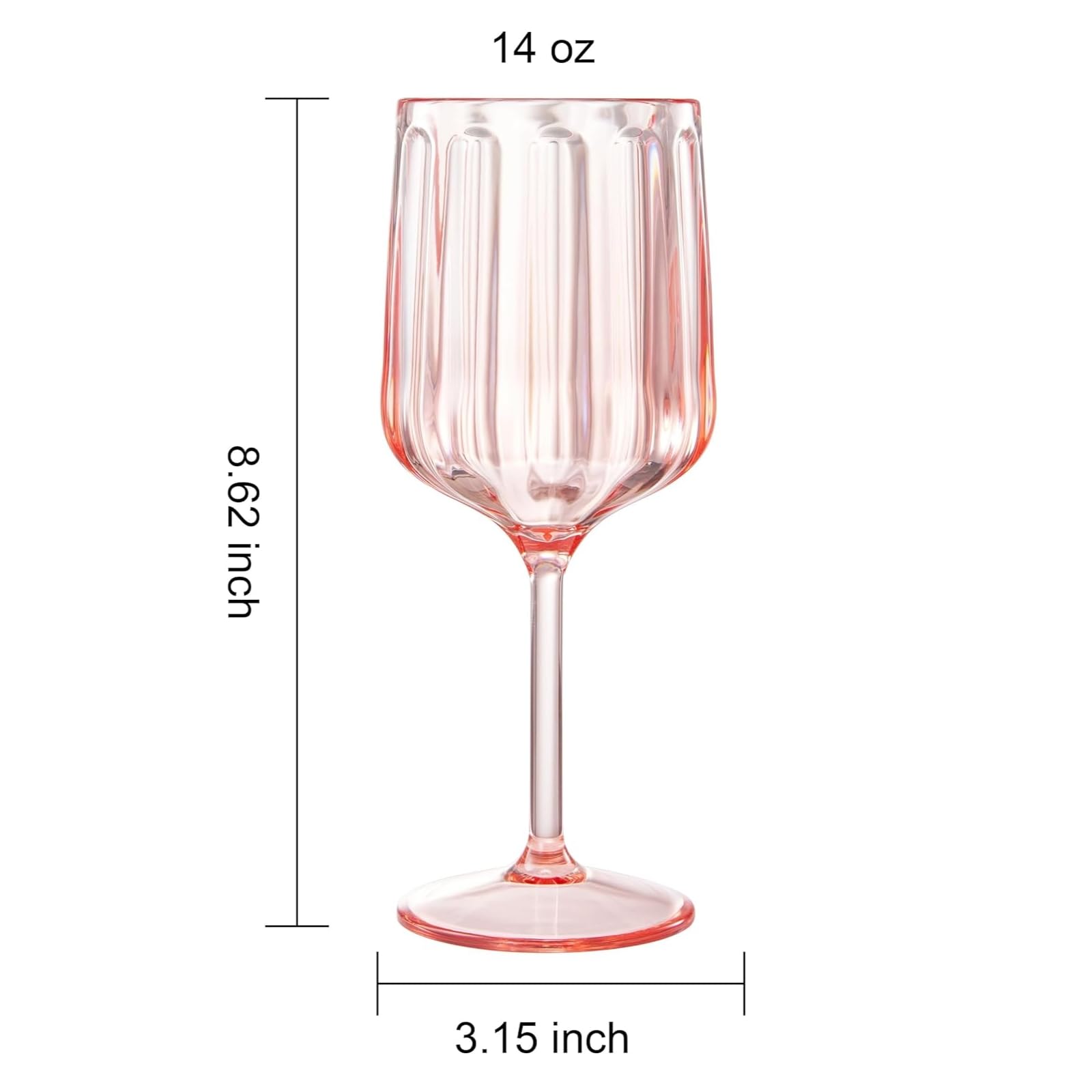 Pink acrylic stemmed goblet, ribbed cup, 14 oz capacity and 8.62 in height