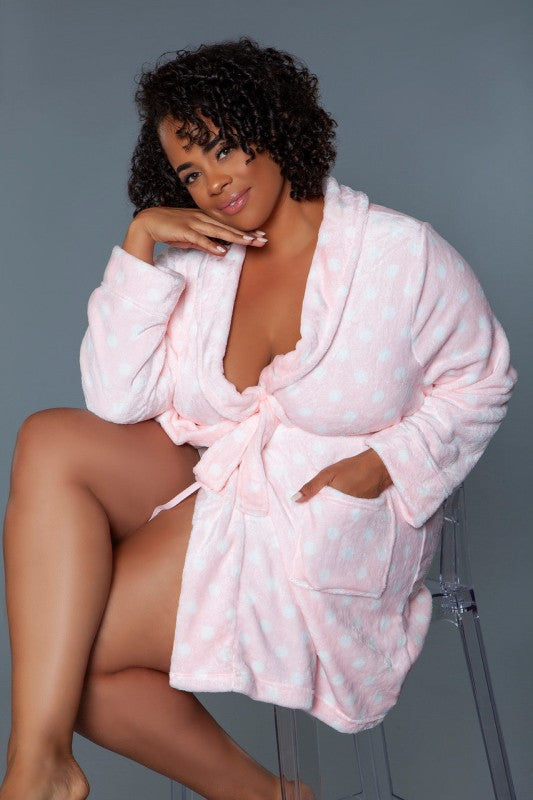 Pink Kaylee robe with dotted pattern, open V-neck, tie belt, long sleeves.