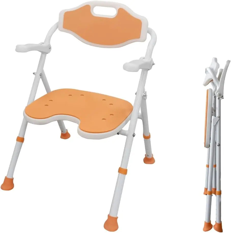 Orange and white adjustable chair with backrest on a white background