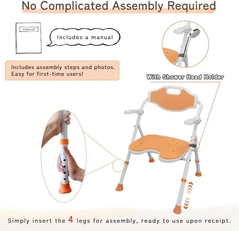 Chair with shower head holder and assembly instructions on a white background