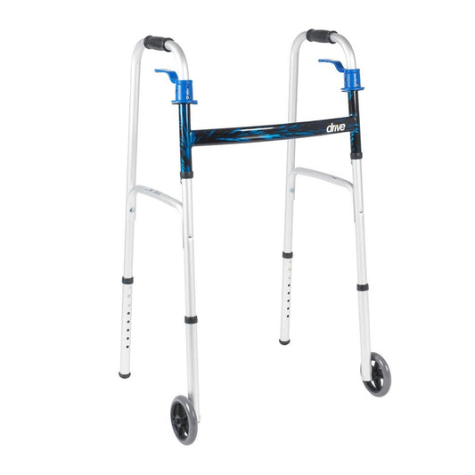 White folding walker with blue trigger release handle and four legs, includes wheels