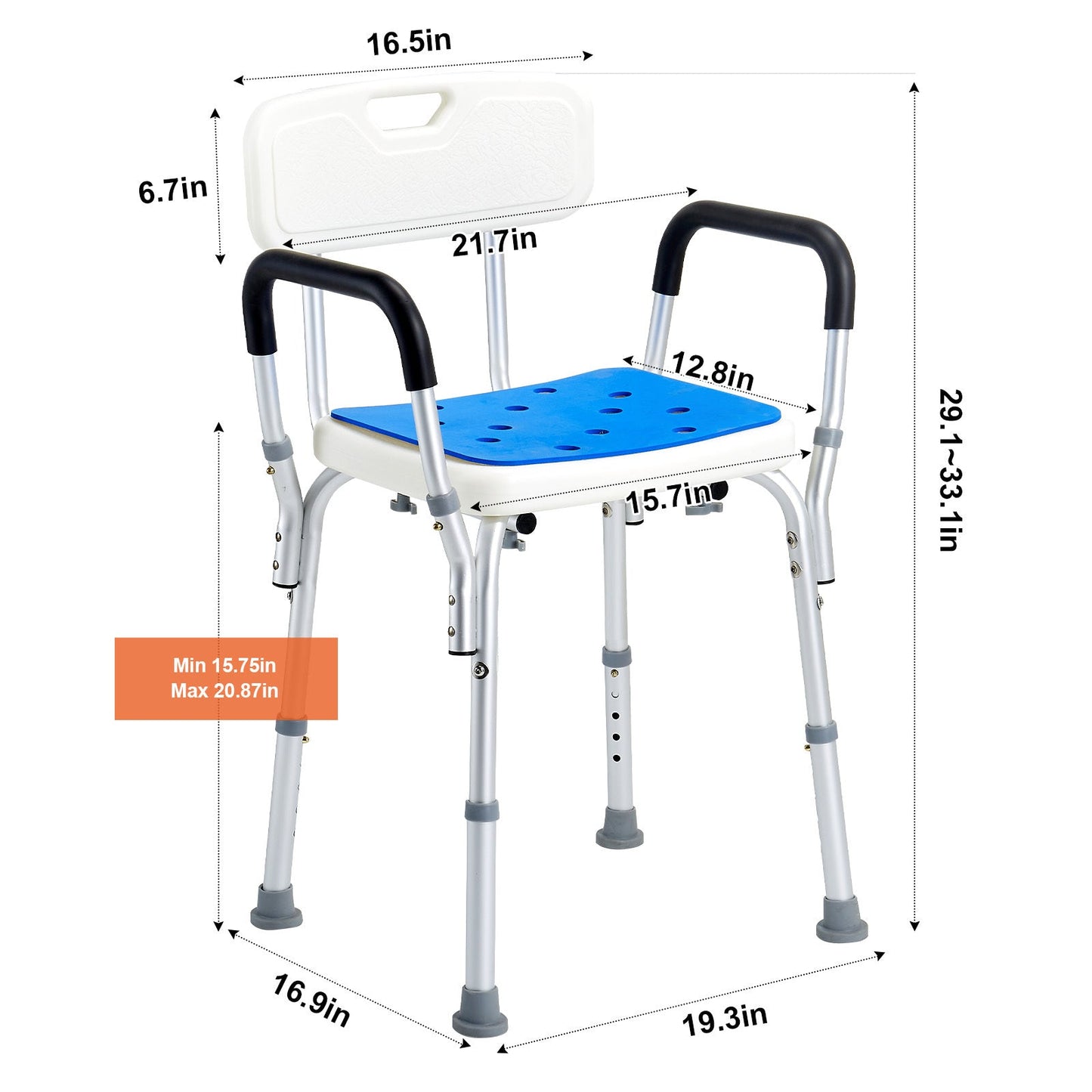 Measurement chart of a mobility aid chair with dimensions labeled.