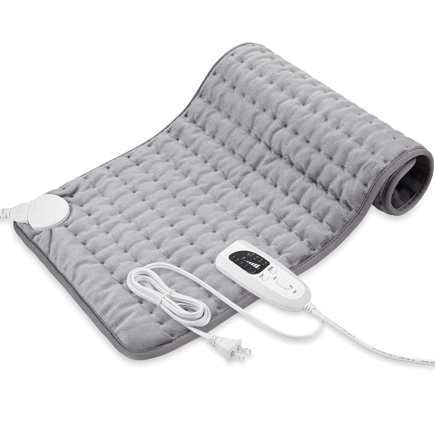 Single-person heating pad blanket, light gray quilted fabric with controller and cord