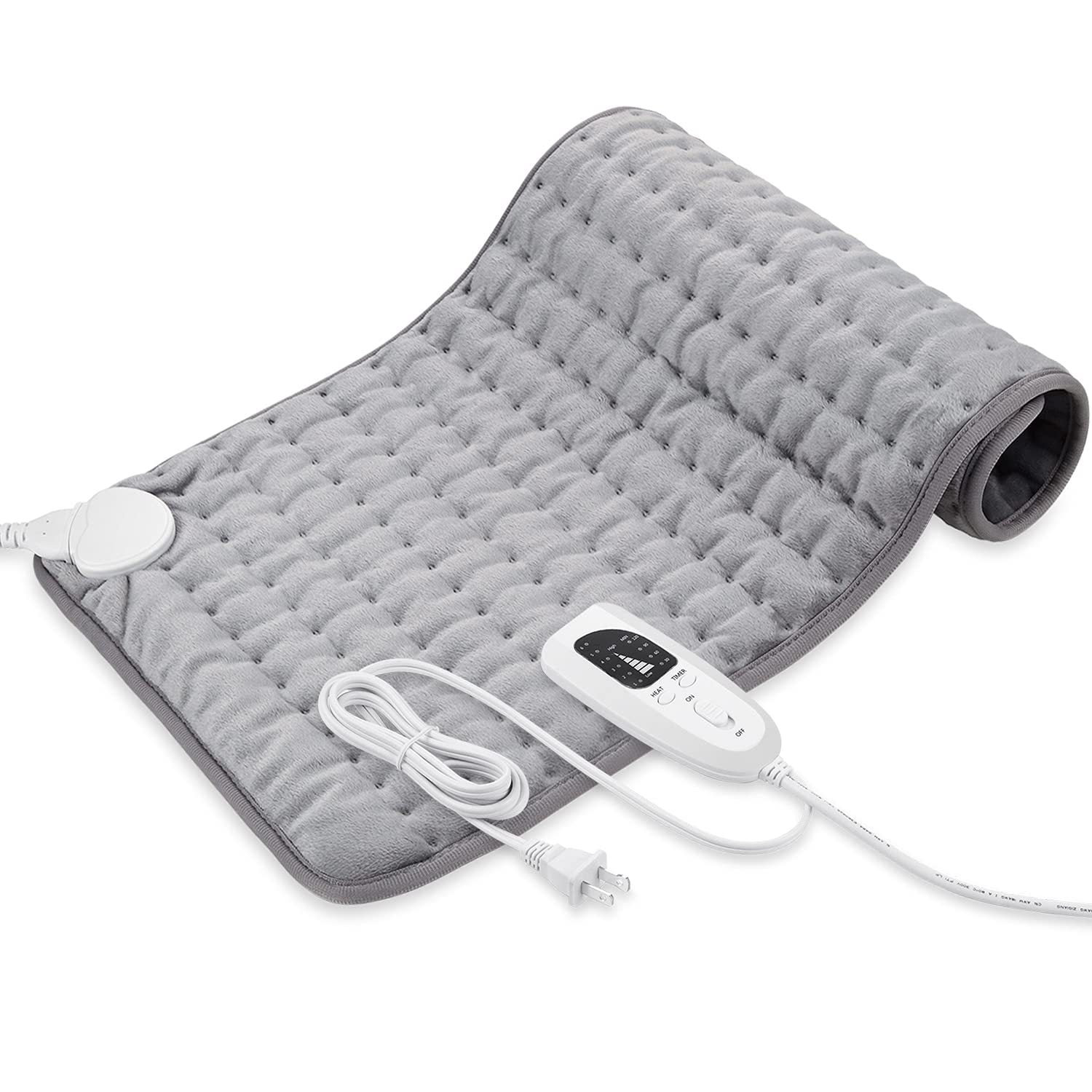 Single-person heating pad blanket, light gray quilted fabric with controller and cord