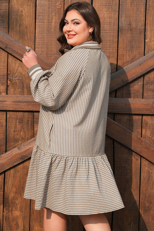 Khaki stripe mini dress, long puff sleeves, back view with tiered ruffle hem