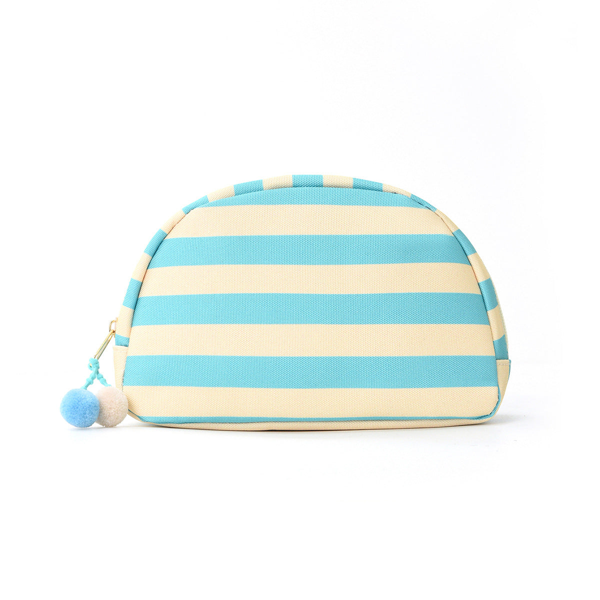 Striped shell makeup bag in blue and beige with pom-pom zipper pull.