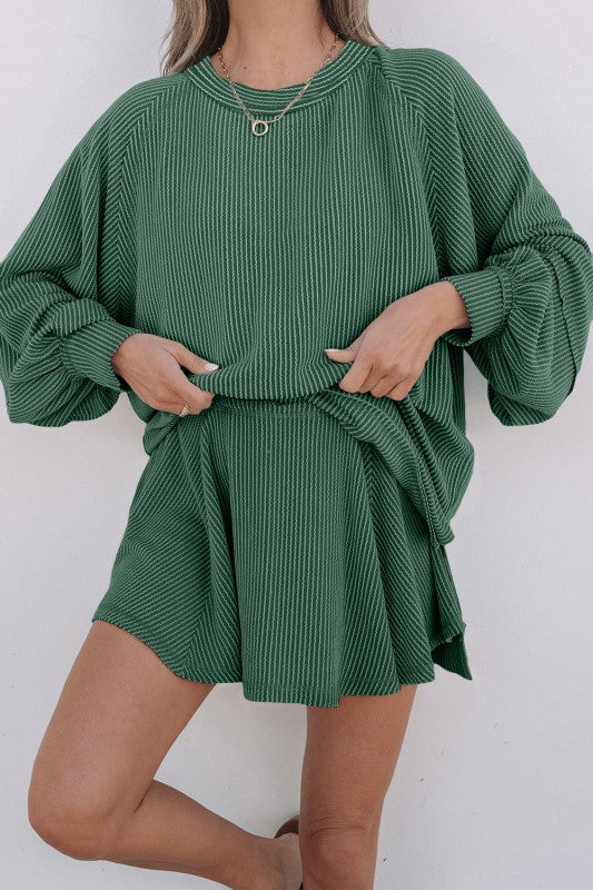 Mist green corded top and ruffle mini skirt set, buttoned neckline, gathered hem