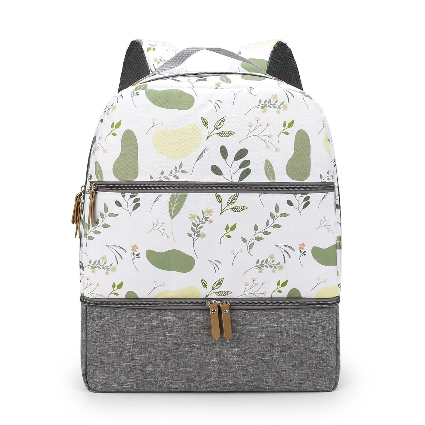 Gray and white insulated travel mummy bag with green leaf print and front zipper pocket