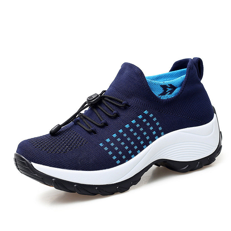 Women’s athletic knit sneaker, navy upper with light-blue dots, lace-up, white midsole