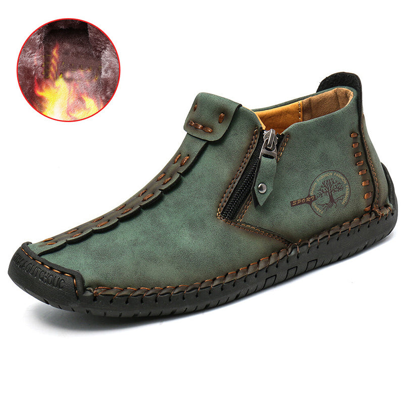 Men's ankle boots in dark green with side zipper and stitched leather upper