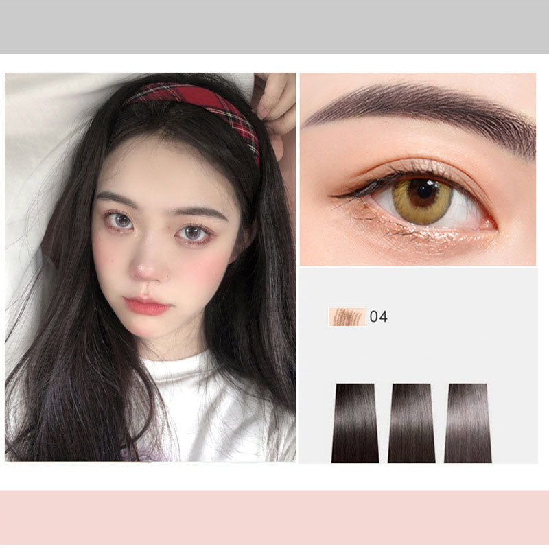 Eyebrow pencil makeup look with color swatches labeled 04 and close-up eye