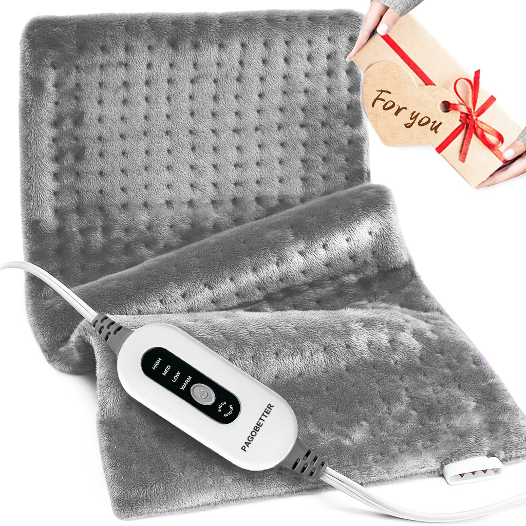 Gray electric heating pad with handheld controller and cord, plush folded design