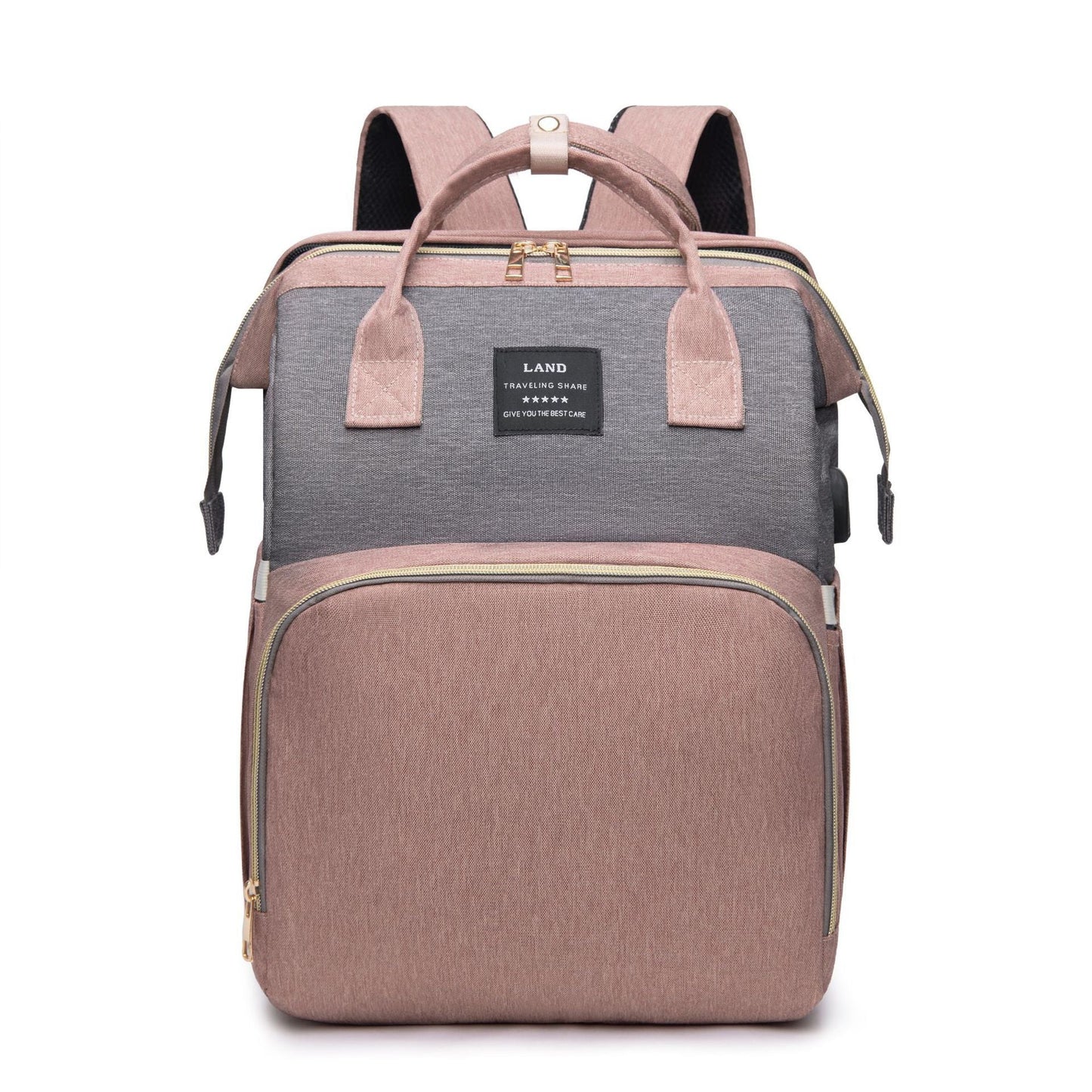 Baby crib backpack, gray and mauve front panel with LAND Travel Share label and handles