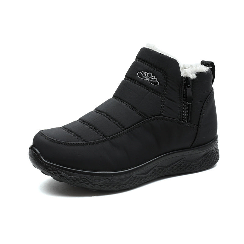 Women’s black ankle snow boots with faux-fur collar and side zipper