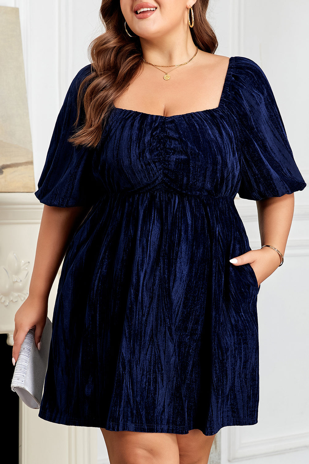 Navy blue short puff-sleeve dress detail: square neckline with gathered bust